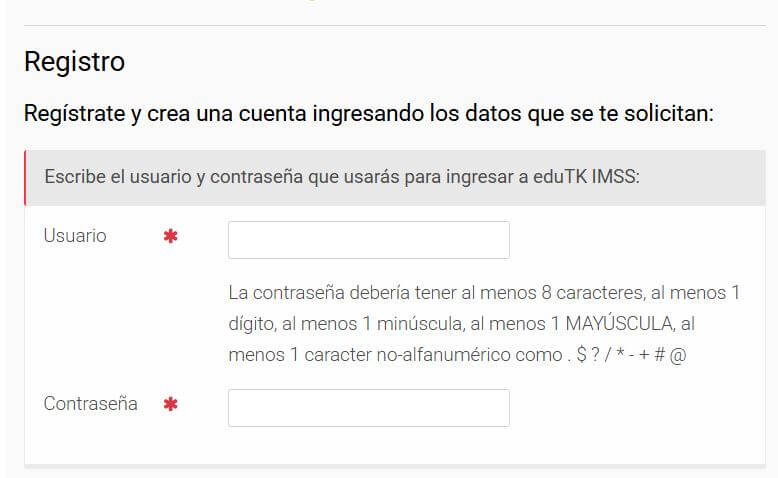 Nombre de Usuario y Contraseña Para el Registro